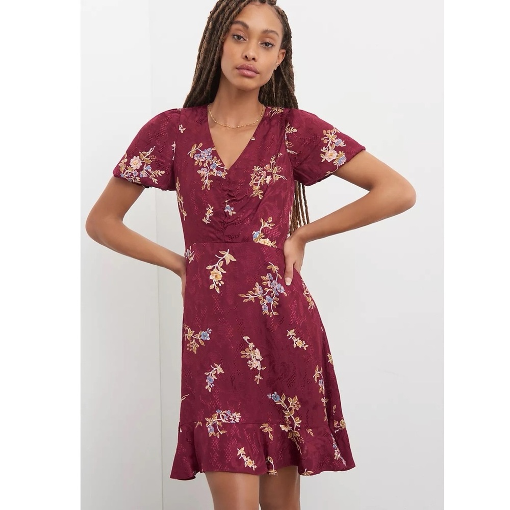 Anthropologie Maeve Elisabeth Floral Mini Dress Puffed Sleeves Floral Wine Red